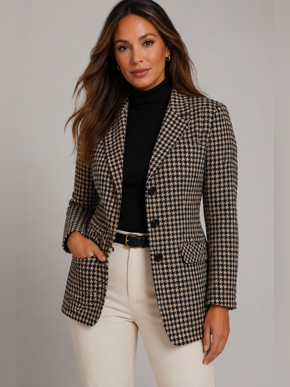Evan Picone Houndstooth Blazer Size 10 Navy Tan Preppy Button Jacket